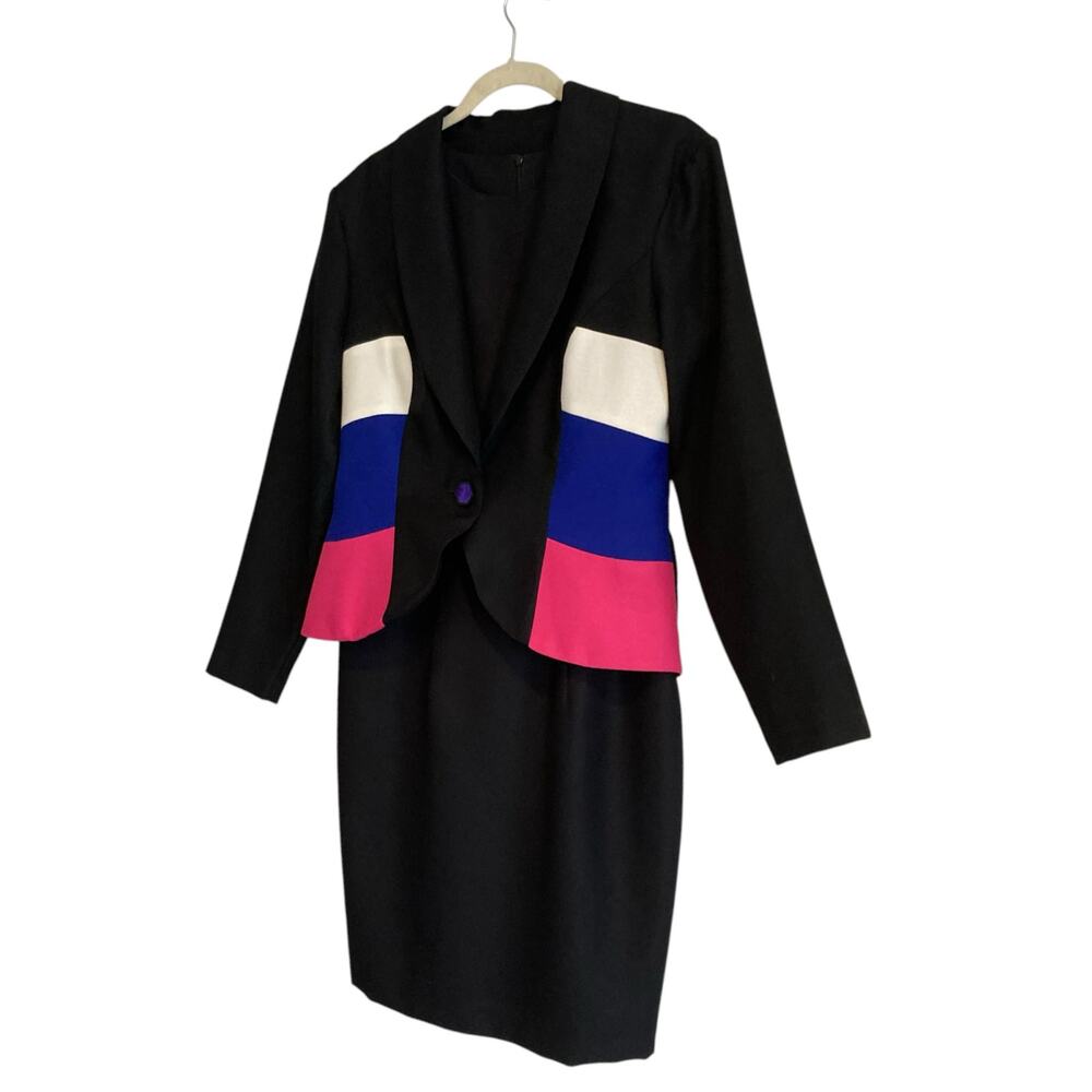 Vintage 80s Leslie Lucks Black Blue Stripe Button Blazer Sheath Dress Set Sz 10 - Picture 16 of 16